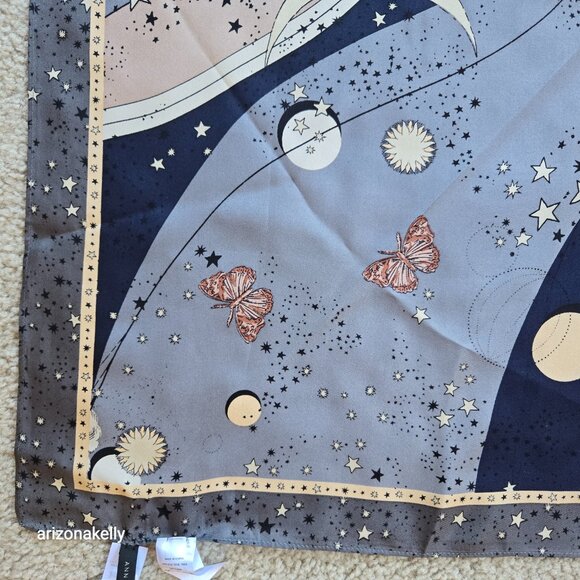 NWT Ann Taylor Silk Square Scarf Celestial Moon Stars Butterflies - Picture 4 of 12